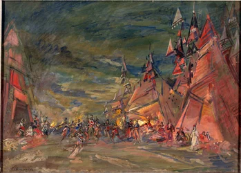 El campamento militar de los Polovtsianos (o Couman, Kuman). Decoración preparatoria para la ópera ""Prince Igor"" de Alexandre Borodin (Borodin) (1833-1887). Obra de Konstantin Alexeyevich Korovin (Constantin Korovin) (1861-1939), óleo sobre cartón