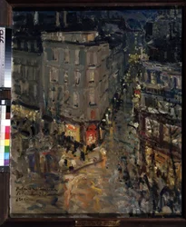 París, Boulevard des Capucines (París, Boulevard des Capucines). Vista de la intersección de los bulevares des Capucines y los bulevares Italiens, en una noche de verano, los edificios y el bullicio de la calle iluminados por las luces de las farolas. Pint