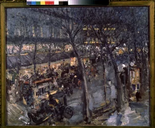 París, Café de la Paix en el distrito 9. (París, Café de la Paix). Vista de la terraza de un café parisino, entretenimiento nocturno. Pintura de Konstantin Alexeyevich Korovin (Constantin Korovin) (1861-1939), óleo sobre lienzo