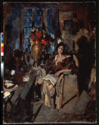 Retrato de una mujer (retrato femenino). Una bella mujer melancólica, con los ojos entrecerrados, sentada en un sillón, un libro abierto colocado sobre sus rodillas, rodeada de muebles de sala, una mesa con un ramo de flores, una taza y diversos objetos co