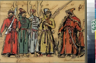Diseño de vestuario para la ópera Khovanshchina o los príncipes Khovansky de Modeste Mussorgsky (1839-1881) (Diseño de vestuario para la ópera Khovanshchina de M.Musorgsky). Obra de Konstantin Alexeyevich Korovin (Constantin Korovin) (1861-1939), acuarela,