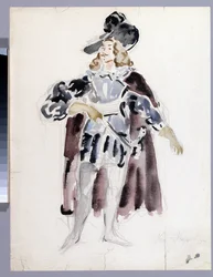 Diseño de vestuario para la ópera ""Le guest de pierre"" de Alexandre Dargomyjski (1813-1869) (Diseño de vestuario para la ópera The Stone Guest de A. Dargomyzhsky). Obra de Konstantin Alexeyevich Korovin (Constantin Korovin) (1861-1939), acuarela sobre pa