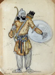Diseño de vestuario para la ópera El príncipe Igor de Alexander Borodin (1833-1887) (Diseño de vestuario para la ópera El príncipe Igor de A. Borodin). Obra de Konstantin Alexeyevich Korovin (Constantin Korovin) (1861-1939), acuarela y gouache sobre papel