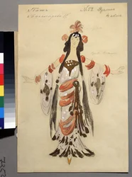 Diseño de vestuario para la ópera "Ruslan and Lyudmila" de Mikhail Igor Glinka (1804-1857) (Diseño de vestuario para la ópera Ruslan and Lyudmila de M. Glinka). Obra de Konstantin Alexeyevich Korovin (Constantin Korovin) (1861-1939), acuarela, gouache y or