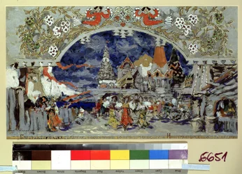 Escenografía para el ballet El caballito jorobado de Cesare Pugni (Escenografía para el ballet El caballito jorobado de C. Pugni). Obra de Konstantin Alexeyevich Korovin (Constantin Korovin) (1861-1939), gouache, oro y plata sobre cartón