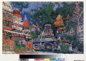 Proyecto de escenografía para la ópera El gallo de oro de Nikolái Rimski-Kórsakov (1844-1908). Vista de edificios de madera de colores vivos. Obra de Kons