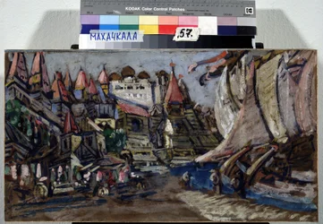 Escenografía para la Ópera Sadko de Nicolas (Nikolai) Rimsky Korsakov (Rimsky-Korsakov) (1844-1908) (Escenografía para la Ópera Sadko de N. Rimsky Korsakov (Rimsky-Korsakov). Descripción de una ciudad y edificios de madera construidos sobre un muelle donde