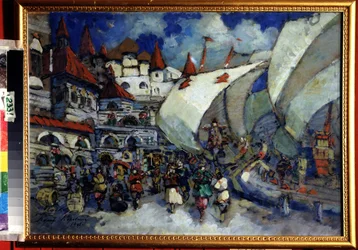 Escenografía para la Ópera Sadko de Nicolas (Nikolai) Rimsky Korsakov (Rimsky-Korsakov) (1844-1908) (Escenografía para la Ópera Sadko de N. Rimsky Korsakov (Rimsky-Korsakov). Descripción de una ciudad y edificios de madera construidos sobre un muelle anima