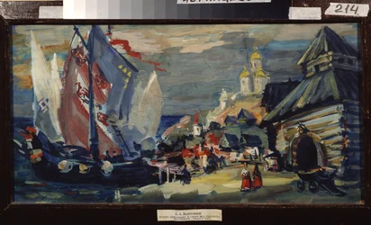 Proyecto de diseño para la ópera Sadko de Nicolas (Nikolai) Rimsky Korsakov (Rimsky-Korsakov) (1844-1908) (Escenografía para la ópera Sadko de N. Rimsky-Korsakov (Rimsky Korsakov). Un velero en el muelle de una ciudad con construcciones de madera.