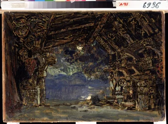 Escenografía para la ópera El crepúsculo de los dioses de Richard Wagner. (Escenografía para la ópera El crepúsculo de los dioses de R. Wagner). Obra de Konstantin Alexeyevich Korovin (Constantin Korovin) (1861-1939), témpera sobre cartón