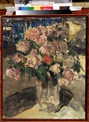 Rosas (Rosas). Naturaleza muerta, ramo de flores. Pintura de Konstantin Alexeyevich Korovin (Constantin Korovin) (1861-1939), óleo sobre lienzo 1910. Arte ruso, moderno, principios del siglo XX. Galería de Arte Estatal B. Kustodiev, Astrakhan (Rusia).
