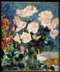 Rosas (Rosas). Pintura de Konstantin Alexeyevich Korovin (Constantin Korovin) (1861-1939), óleo sobre lienzo, hacia 1930. Naturaleza muerta, arte ruso del siglo XX, postimpresionismo. Museo Estatal de Arte, Yaroslavl (Rusia).