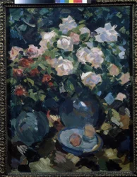 Rosas en un jarro azul. Pintura de Konstantin Alexeyevich Korovin (Constantin Korovin) (1861-1939), óleo sobre lienzo