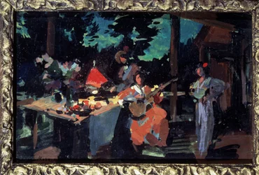 Terraza, velada en la casa de campo. (Terraza. Tarde en la masía). Mesa puesta con comida, una mujer toca la guitarra y otros dos personajes la rodean. Obra de Konstantin Alexeyevich Korovin (Constantin Korovin) (1
