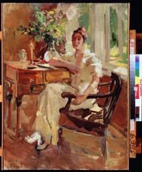 Una mujer en un sillón (Una dama en un sillón). Retrato de una joven alegre, apoyada en su escritorio, con un ramo de flores. Pintura de Konstantin Alexeyevich Korovin (Constantin Korovin) (1861-1939), óleo sobre lienzo