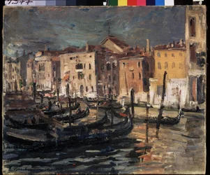 Venecia (Italia) (Venecia). El Gran Canal en la laguna de Venecia, con los muelles, góndolas y edificios iluminados por la dura luz del sol. Pintura de Konstantin Alexeyevich Korovin (Constantin Korovin) (1861-1939), óleo sobre lienzo