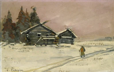 Paisaje de invierno con dos cabañas de madera