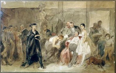 Detrás de la cortina en el teatro de los siervos - Obra de Konstantin Alexandrovich Trutovsky (Troutovsky) (1826-1893) - Detrás de la cortina en el teatro de los siervos - Acuarela sobre papel - Arte ruso