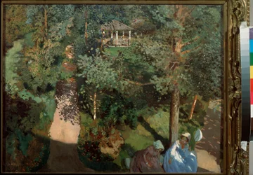 Confidencias. (Dos mujeres en un banco, en un parque con árboles.) Pintura de Konstantin (Constantin) Andreyevich Somov (1869-1939), óleo sobre cartón