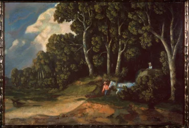En un bosque. (Campesinos que conducen un carro de heno salen del camino del bosque) Pintura de Konstantin (Constantin) Andreyevich Somov (1869-1939), óleo sobre lienzo. arte ruso