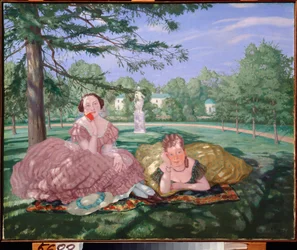 Dos damas en un parque - Pintura de Konstantin (Constantin) Andreyevich Somov (1869-1939), óleo sobre lienzo