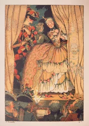 Ilustración para ""Le Livre de la Marquise"" de Franz Blei (Ilustración para el Libro de la marquesa de Franz Blei) (una marquesa levanta el telón de un teatro, con Arlequín a su lado) - Obra de Konstantin (Constantin) Andreyevich Somov ( 1869-19