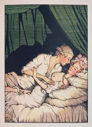 Ilustración para «El libro de la marquesa» de Franz Blei (una marquesa, con los pechos desnudos, recostada en su cama con su amante) - obra de Konstantin Andreyevich Somov (1869-1939), aguafuerte