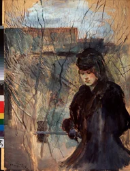 Primavera. Una mujer vestida de negro, de aire melancólico y mirada baja, apoyada en una estrecha barandilla. Obra de Konstantin Andreyevich Somov (1869-1939)