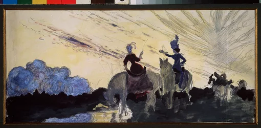 Un paseo. (Dos jinetes observan el cielo y el paisaje). Obra de Konstantin (Constantin) Andreyevich Somov (1869-1939), lápiz y gouache sobre papel