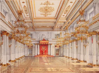 El George Hall, Gran Salón del Trono, del Palacio de Invierno en San Petersburgo - Obra de Konstantin Andreyevich Ukhtomsky (Constantin Oukhtomsky) (1818-1881), acuarela sobre pa