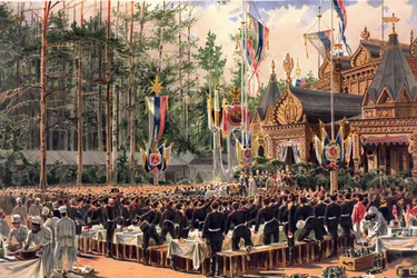 Álbum de la coronación del zar Alejandro III de Rusia (1845-1894) y de la emperatriz María Fiódorovna (Dagmar de Dinamarca) (1847-1928) - El banquete de la coronación en Sokólniki (del Álbum de la coronación)