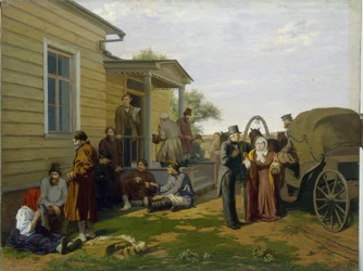 Justicia de la Paz. Edificio del tribunal de justicia en el campo ruso, los campesinos esperan mientras charlan, los abogados están ocupados. Pintura de Konstantin Apollonovich Savitsky (1844-1905), óleo sobre lienzo. Arte ruso del siglo XIX. registro