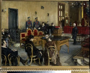 Esperando Un Veredicto. Pintura de Konstantin Apollonovich Savitsky (1844-1905), óleo sobre lienzo