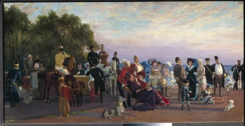 En la punta de la isla Vassilievsky, Strelka (San Petersburgo) (En la división de la isla, Strelka). Reunión de aristócratas en una tarde de verano. Pintura de Konstantin Apollonovich Savitsky (1844-1905), óleo sobre lienzo, alrededor de 1870. Arte ruso de