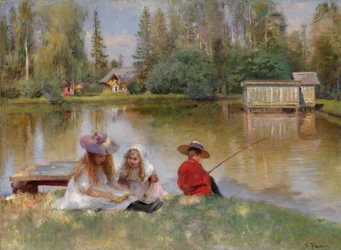Niños junto al lago