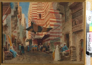 En las calles de El Cairo (Egipto). Obra de Konstantin Yegorovich Makovsky (Constantin Makovsky) (1839-1915), obra de arte en papel