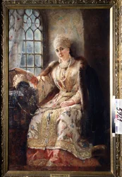 Mujer Boyard (boiard, boiar) en la ventana. (La esposa de Boyar en la ventana). Con la mano apoyada en un cofre, la mujer está vestida con un vestido sarafan y tiene un kokochnik en la cabeza, un peinado tradicional. Pintura de Konstantin Yegorovich Makovs