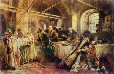 La Ceremonia del Beso - En el momento del domostroy, en el Gran Ducado de Moscú, un Boyardo (boiard, boiar) elige a su futura esposa, los candidatos van vestidos con el traje sarafan y el tocado tradicional, el kokochnik - Pintura de