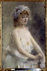 La planchadora. (Mujer planchando). Mujer joven en ropa interior, vistiendo un negligé y gorro de dormir de encaje, realizando una tarea doméstica. Pintura de Konstantin Yegorovich Makovsky (Constantin Makovsky) (1839-1915), óleo sobre lienzo, alrededor de