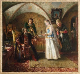 Vida cotidiana en un boyardo ruso (boiard, boiar) en el siglo XVII. (De La vida cotidiana del boyardo ruso en el siglo XVII). En un domostroy del Gran Ducado de Moscú, una mujer joven con un vestido de novia se presenta a su marido. Ella