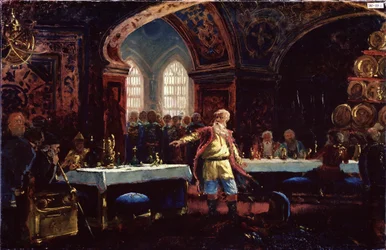 Conde Michael Repnin (?) en la fiesta de Iván el Terrible (1530-1584). (Conde Mikhail Repnin en la fiesta de Iván el Terrible). Repnin, de pie en el centro de las mesas puestas, denuncia la política del Zar. Pintura de Konstantin Yegorovich Makovsky (Const