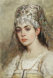 Retrato de una mujer boyarda (boiard, boiar): está vestida con un vestido sarafan y tiene un kokoshnik en la cabeza, un peinado tradicional - Pintura de Konstantin Yegorovich Makovsky (Constantin Makovski) (1839-1915)