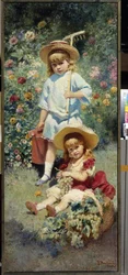 Retratos de los hijos del artista. (Retrato de los hijos del artista). Representada en un jardín de flores en verano, la mayor lleva un rastrillo y una regadera, la menor está sentada en la hierba, junto a un cesto lleno de racimos de uvas. Pintura de Kons