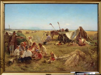 Comidas de los campesinos en la temporada de cosecha. (Una comida campesina en tiempo de cosecha). Pintura de Konstantin Yegorovich Makovsky (Constantin Makovsky) (1839-1915), óleo sobre lienzo
