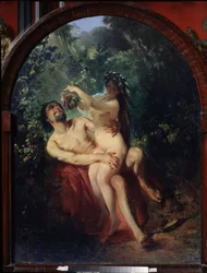 Sátiro y ninfa. Pareja desnuda y ebria, la ninfa sobre las rodillas del sátiro lo alimenta con un racimo de uvas, recogido de las vides que los rodean. Pintura de Konstantin Yegorovich Makovsky (Constantin Makovski) (1839-1915)