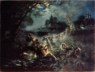 Sirenas (Sirenas). Por la noche, mujeres desnudas tejen coronas en un río, luego forman una cadena agarrándose unas a otras y elevándose hacia el cielo antes de confundirse con las nubes. Pintura Konstantin Yegorovich Makovsky (Constantin Makov