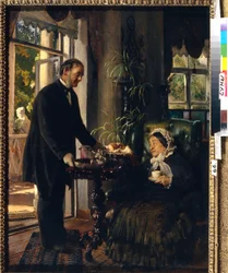Una mansión castellana. (Una anciana toma el té, servido por un sirviente que le obsequia con pan y mermelada). Pintura de Konstantin Yegorovich Makovsky (Constantin Makovsky) (1839-1915), óleo sobre lienzo