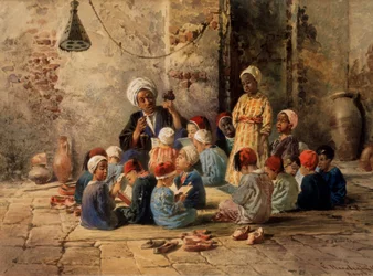 Una escuela en El Cairo (Egipto). (Una escuela en El Cairo). Una maestra interroga a los niños en un salón de clases, que está organizado sobre un tapete en el piso. Un niño se para entre los demás, sentado leyendo su libro de texto, la colchoneta está rod