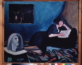 Una mujer leyendo. Pintura de Konstantin Nikolayevich Istomin (1887-1942), óleo sobre lienzo 1931 Arte moderno ruso, siglo XX. Galería Estatal Tretyakov, Moscú.