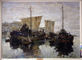 "Bateaux". Novgorod la Grande" Peinture de Konstantin (Constantin) Gorbatov (1876-1945) 1912 Galería de Arte Regional, Volgogrado